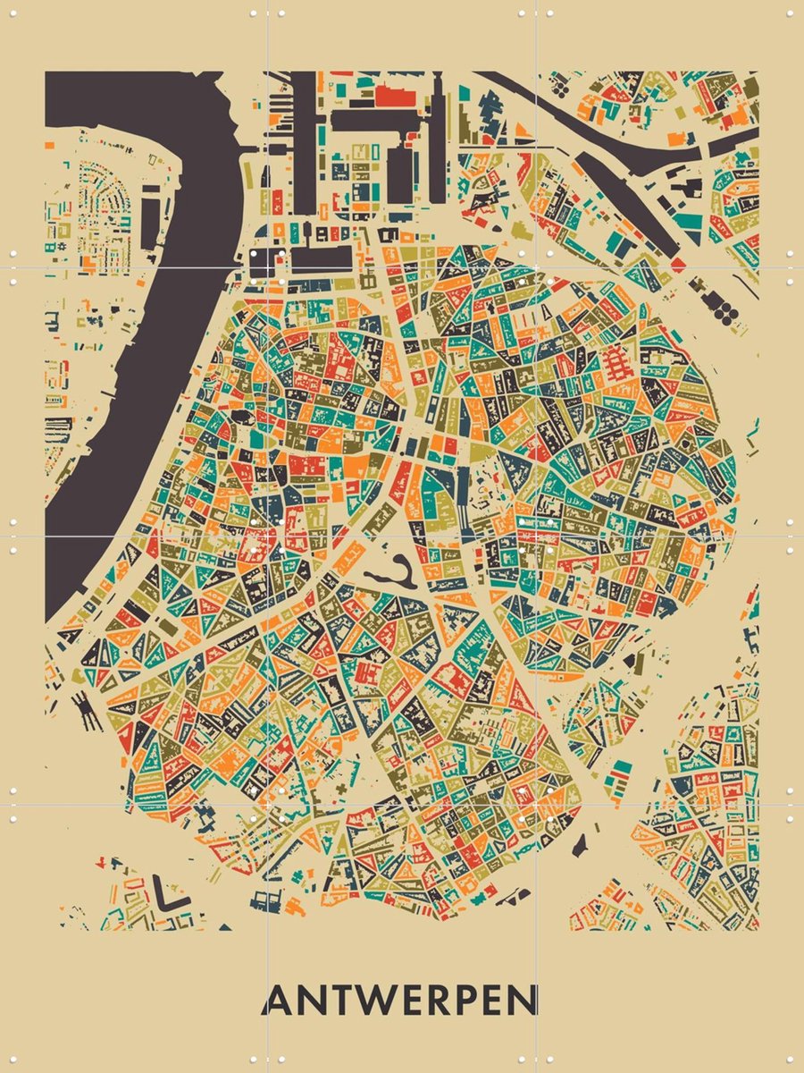 IXXI Antwerpen Mosaic Map, Kunst in Kaart - 60 x 80 cm - Gratis ophangtool - Grote wanddecoratie en posters - Speels, Digitale Kunst, Abstract