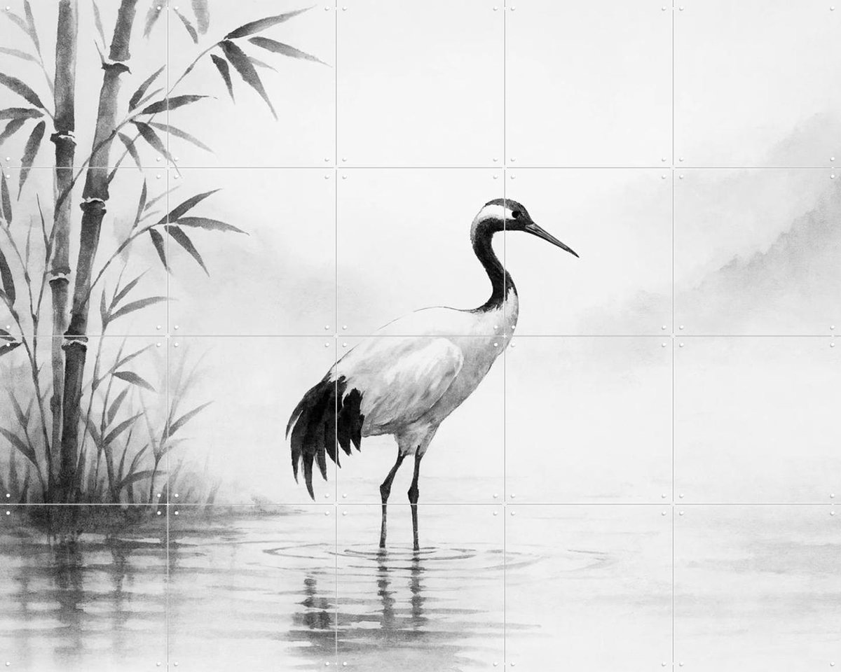 IXXI Kraanvogel in de Ochtendmist, Natalie Bruns - 100 x 80 cm - Gratis ophangtool - Grote wanddecoratie en posters - Tekeningen, Minimalisme