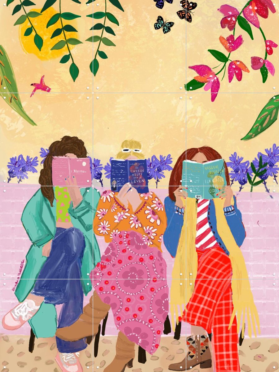 IXXI Three Girls Reading, Studio LaWiene - 60 x 80 cm - Gratis ophangtool - Grote wanddecoratie en posters - Kleurrijk, Illustraties, Speels
