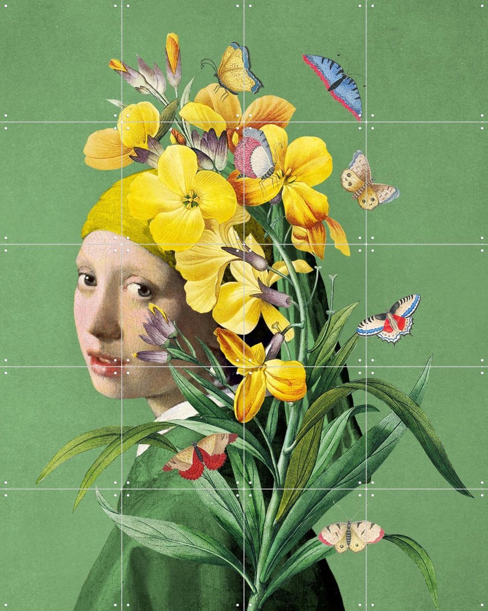 IXXI Meisje met de Parel - The Springtime Edition, Marja van den Hurk - 80 x 100 cm - Gratis ophangtool - Grote wanddecoratie en posters - Gemengde