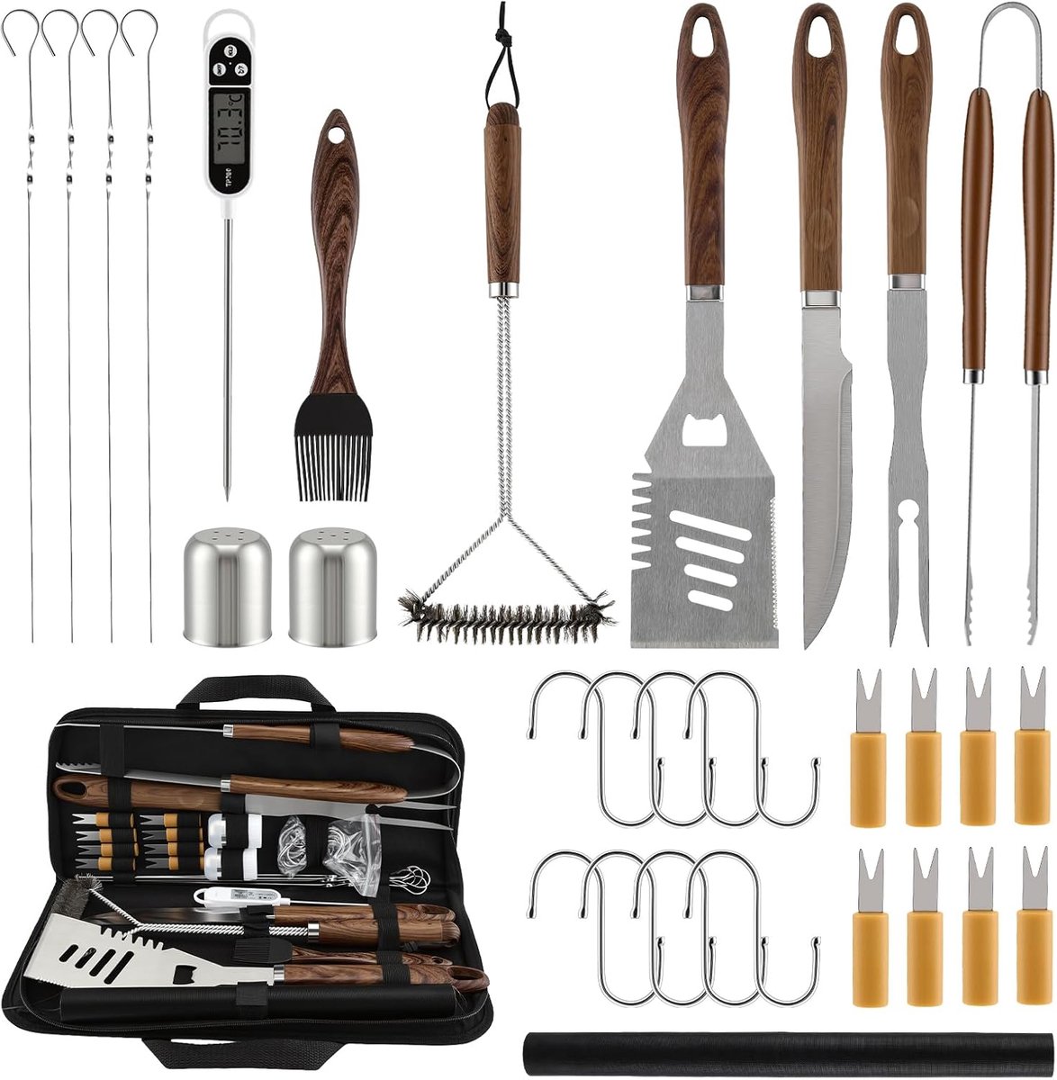 SnelShoppen - 31-Delige RVS Barbecue Bestekset met Houten Handvatten, Grillaccessoires voor Mannen, Inclusief Grillborstel, Grilltang en Vleesthermome