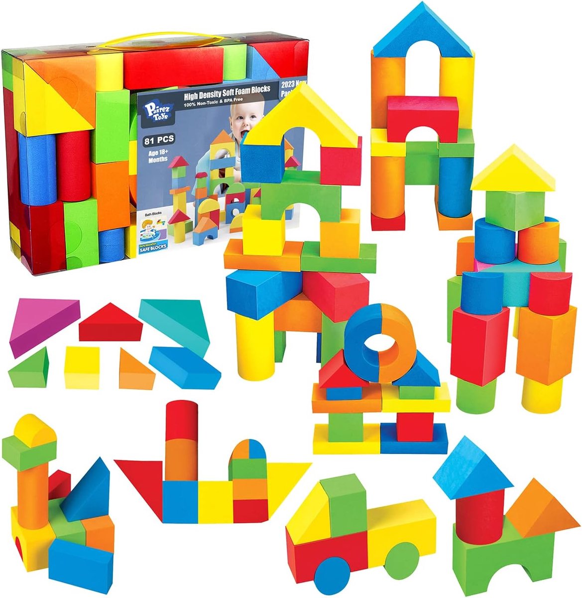 Toys 81-delige schuimrubberen bouwstenenset voor peuters en baby's, stapelbare bad- en puzzelblokken, vroeg leren, BPA-vrij, geschikt voor kinderen van 2-4 jaar en 18+ maanden