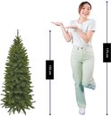 Vrouw die naar een 155 cm hoge Triumph Tree kunstkerstboom wijst, met aangegeven afmetingen.