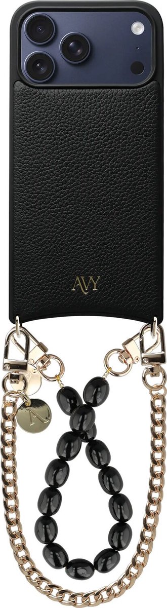 AVY Leren Hoesje Geschikt voor Apple iPhone 17 Pro Max | Compatibel met MagSafe | Leather Case met Telefoonkoord | 2 Polsbandjes | Zwart | Rosario Gold Set