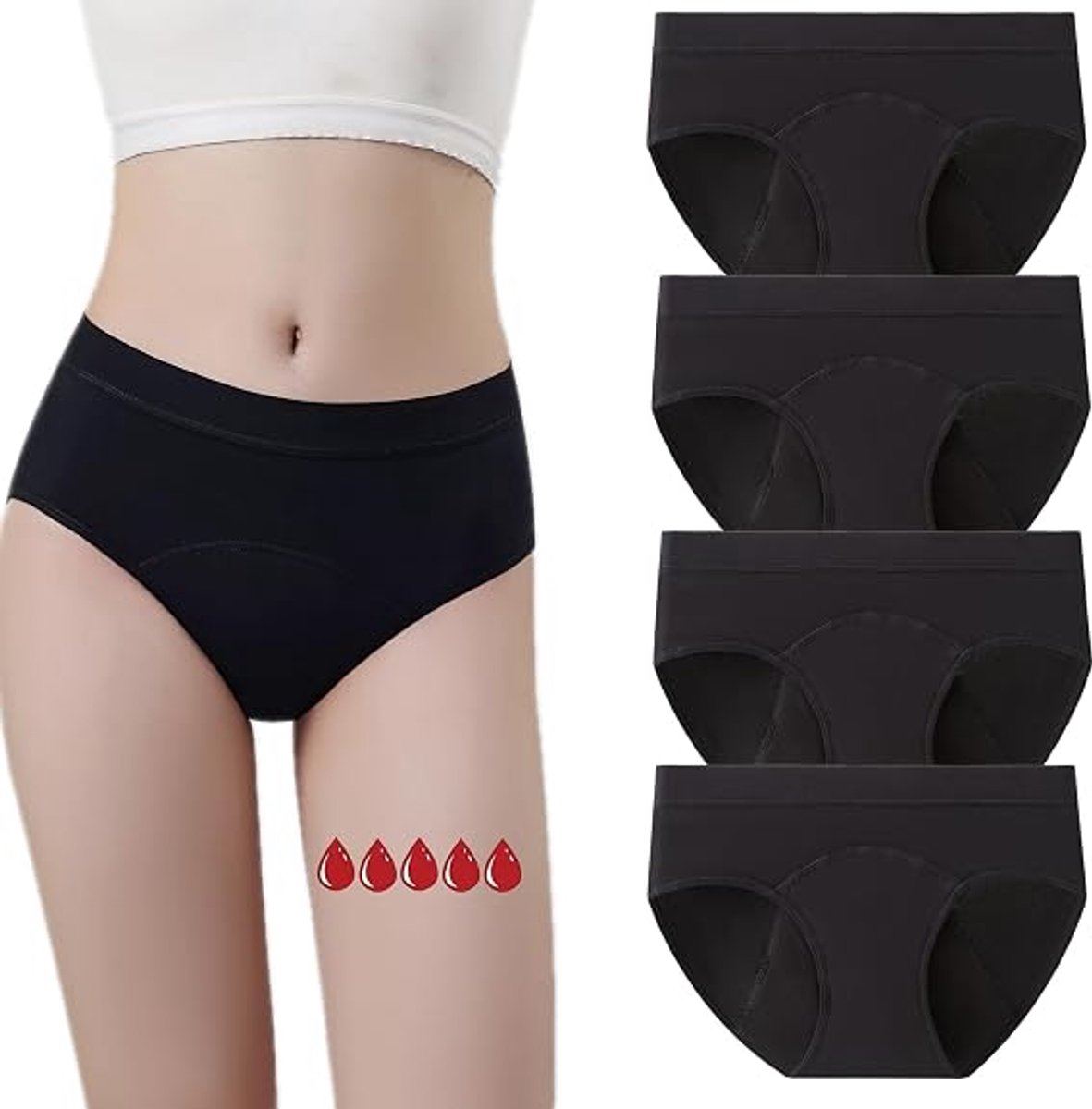 Set van 5 dames menstruatieondergoed, 3-laags absorberend, geschikt voor hoge doorstroming, ultrazachte boxershorts/triangle slips, speciaal ontworpen voor meisjes tijdens de menstruatie, ademend en lekvrij,Zwart - XL