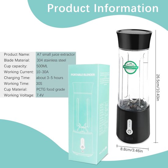 Draagbare Mixer - Smoothie Maker - Snelle Drankjes Maken - 6 RVS Messen - 500ml Capaciteit - Zwart — afbeelding 2
