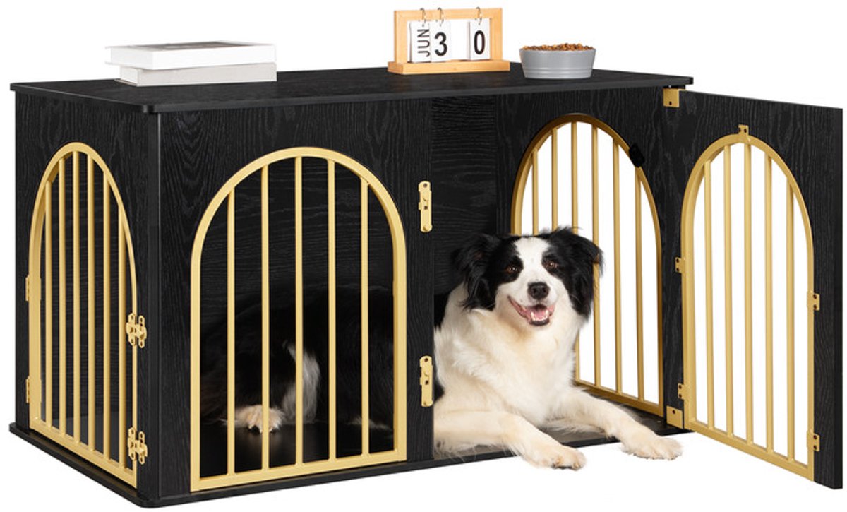 Hzuaneri 100 cm Hondenbench, meubel, hondenbox, 3 deuren, gebogen deur, moderne hondenboxs binnen voor honden, bijzettafel, hondenkooi voor thuis, robuuste hondenbox, 60 x 100 x 63 cm, Zwart Goud