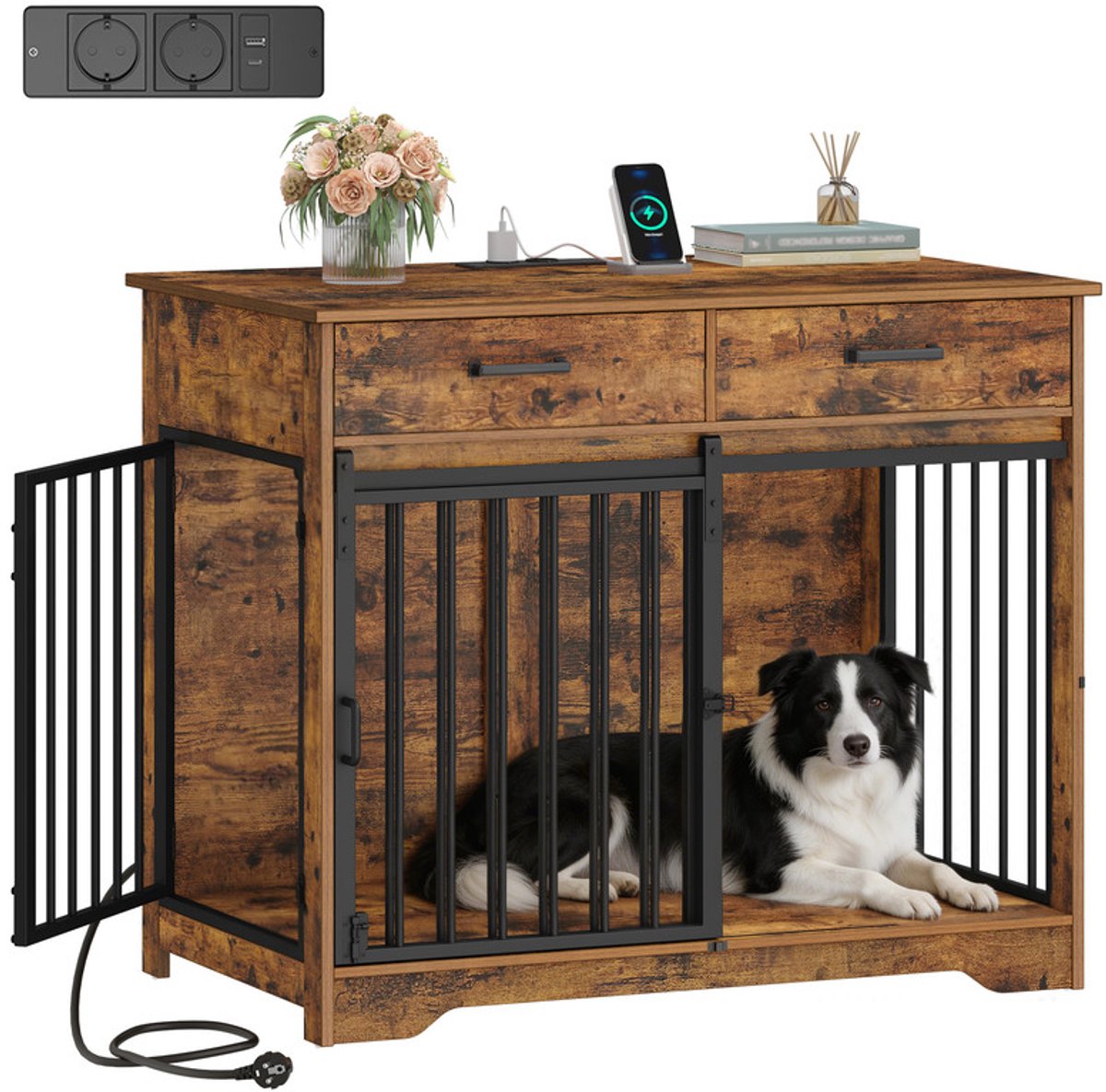 Hzuaneri Hondenkennel Meubel met Stekkerdoos, Hondenbench met Schuifdeur & 2 Laden, Houten Hondenbench voor Middel/Grote Honden, 97 x 56 x 81 cm, Vintage Bruin