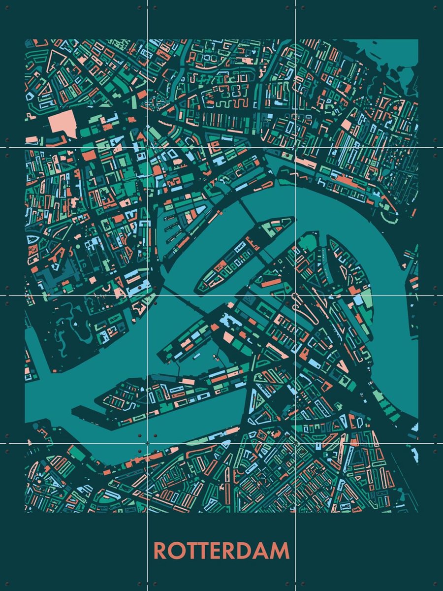 IXXI Rotterdam Mozaïek Teal, Kunst in Kaart - 60 x 80 cm - Gratis ophangtool - Grote wanddecoratie en posters - Geometrische Kunst, Modern