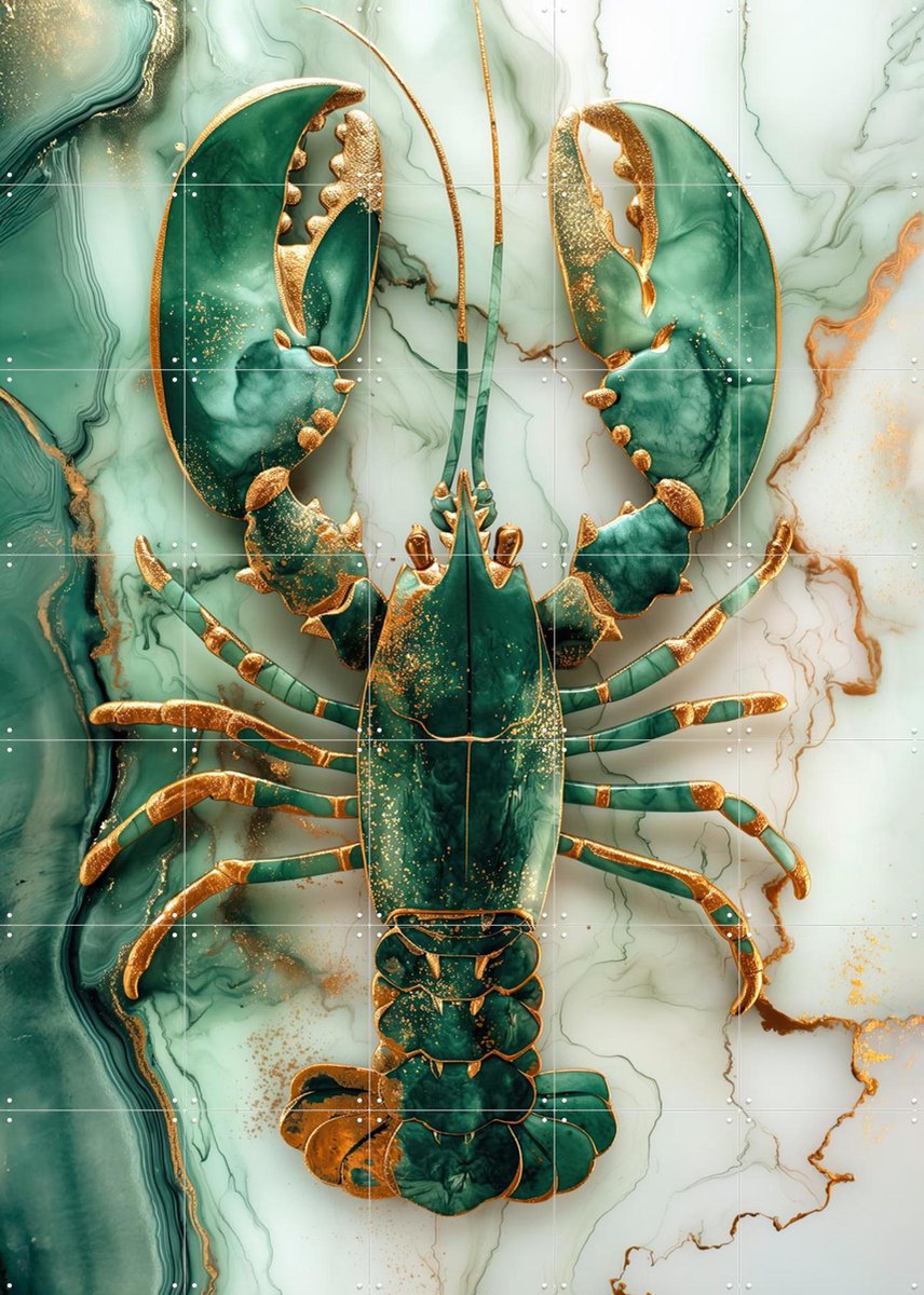 IXXI Lobster Marble Green, OTTI - 100 x 140 cm - Gratis ophangtool - Grote wanddecoratie en posters - Speels, Keuken, Woonkamer, Eetkamer, Zeevruchten