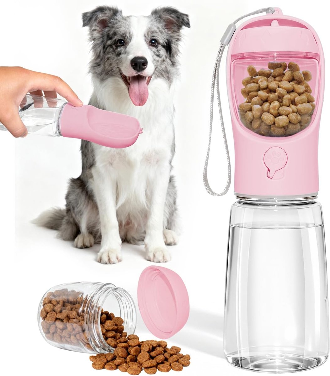 waterfles voor honden, draagbare waterdrinkmachine voor honden, voor reizen, wandelingen en buitenactiviteiten (Roze, 550ml) | Met voerbak van 100 g, dubbel lekvrij ontwerp, gebruik zonder BPA, eenvoudig te bedienen, meerdere kleuren