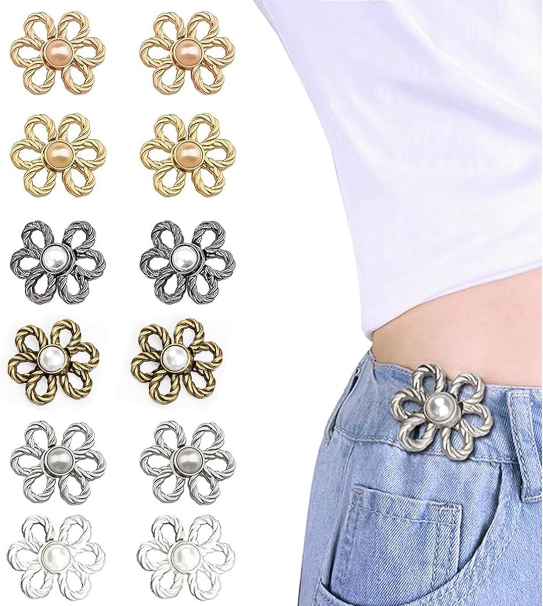 Knopen, bloemen, jeansknopen om strakker te maken, nagelvrije taillegespen, broekknopen om in te steken, kleding taille voor jurken, broeken, jeans, mouwen