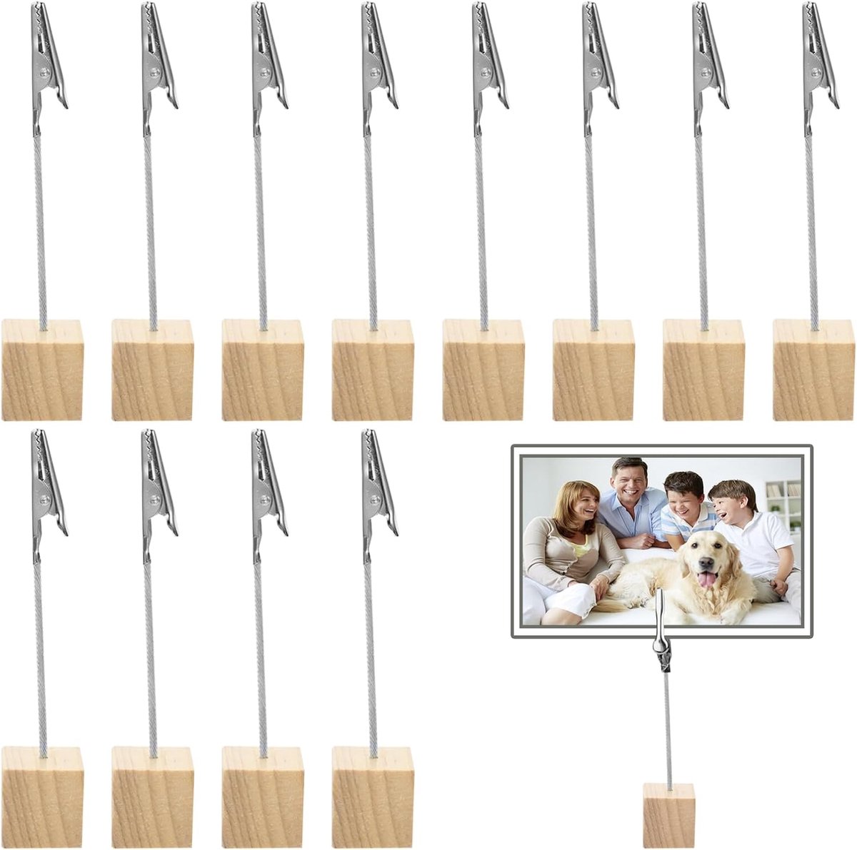 Set van 12 fotohouders van grenenhout, elegante kaarthouder voor bruiloft en tafeldecoratie, stabiele memohouder met krokodillenklem voor foto's en menu's, 11,5 cm, natuurlijk houten design