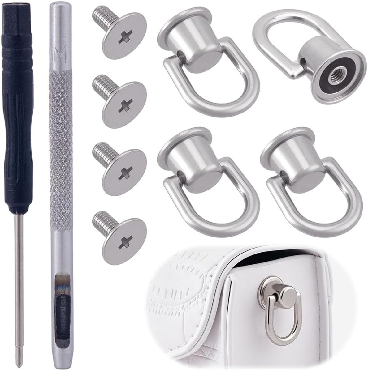 Nagels met D-ring, schroeven voor tasriemen, robuust metalen beslag met draaibare D-ring, ophangsluitingen voor tassen