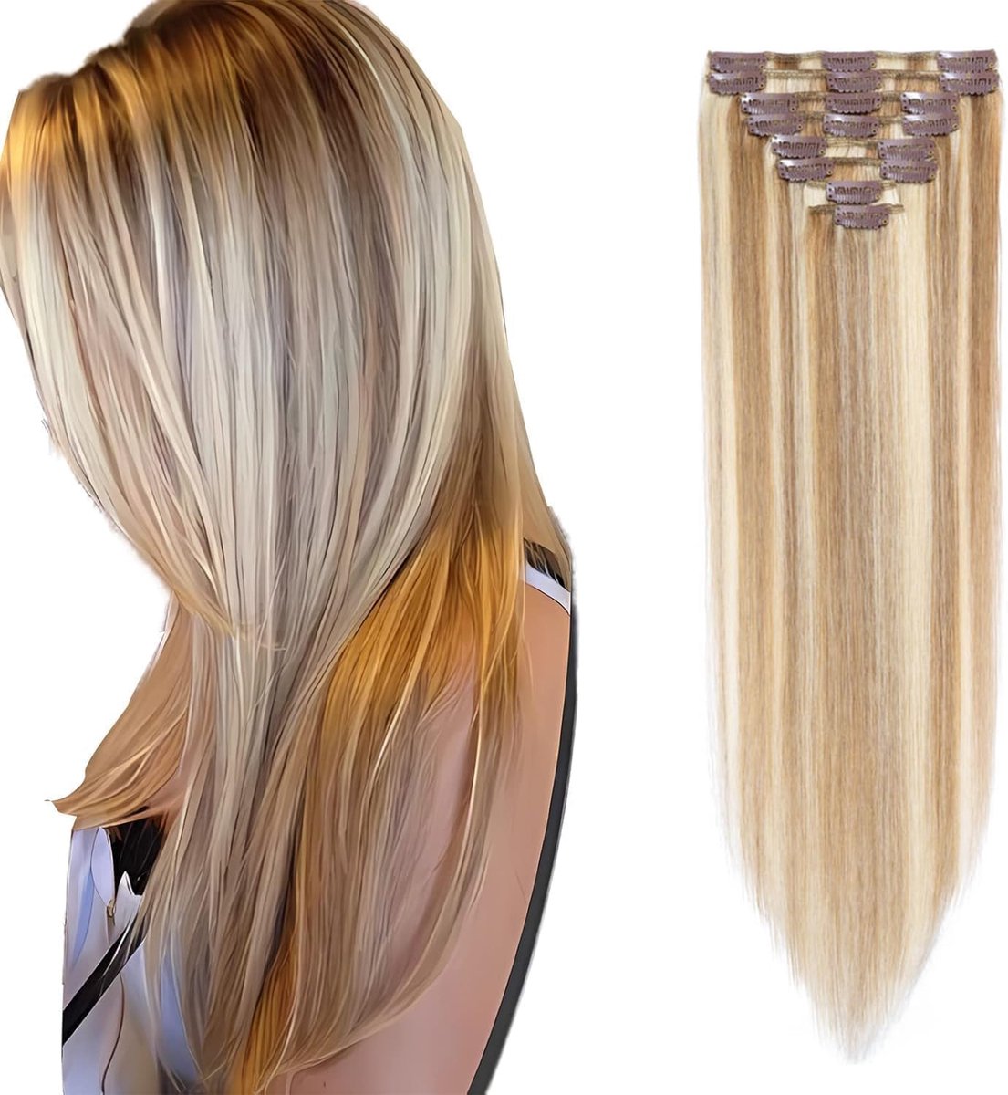 Choices Clip-in extensies, echt haar, 8 stuks, clip-extensions, 40 cm, #12/613 blonde highlights, onzichtbare haarverlenging, echt Remy-haar, zijdeachtig, steil, natuurlijk, dunne strengen