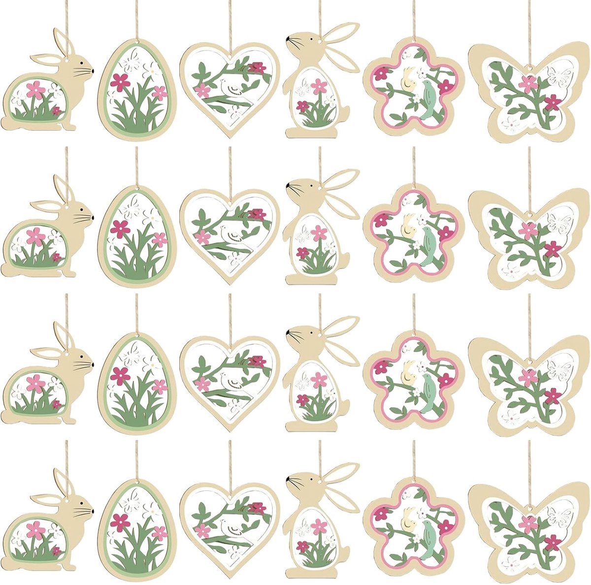 24 stuks paasdecoratie, paasversiering van lentehout, decoratie paashaas om op te hangen, van hout, vlinders (groen)