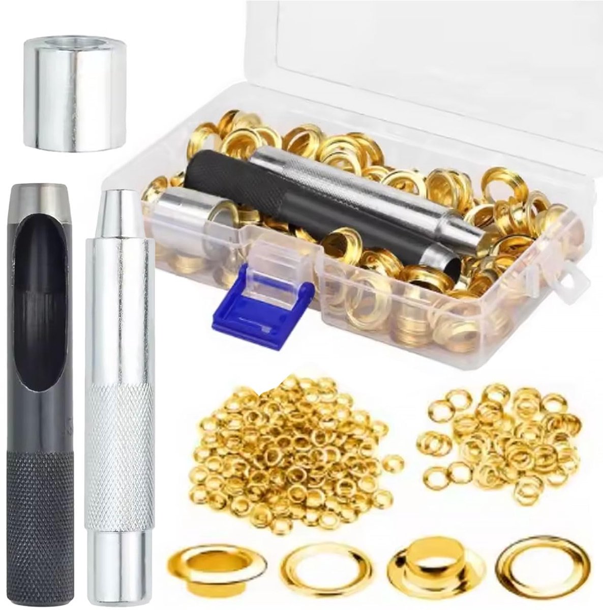 ogen goud 12 mm set - 100 stuks zeilogen met oogpers en gatpons, corrosiebestendig, voor dekzeilen, tenten, banners, technisch textiel, doe-het-zelf reparatieset