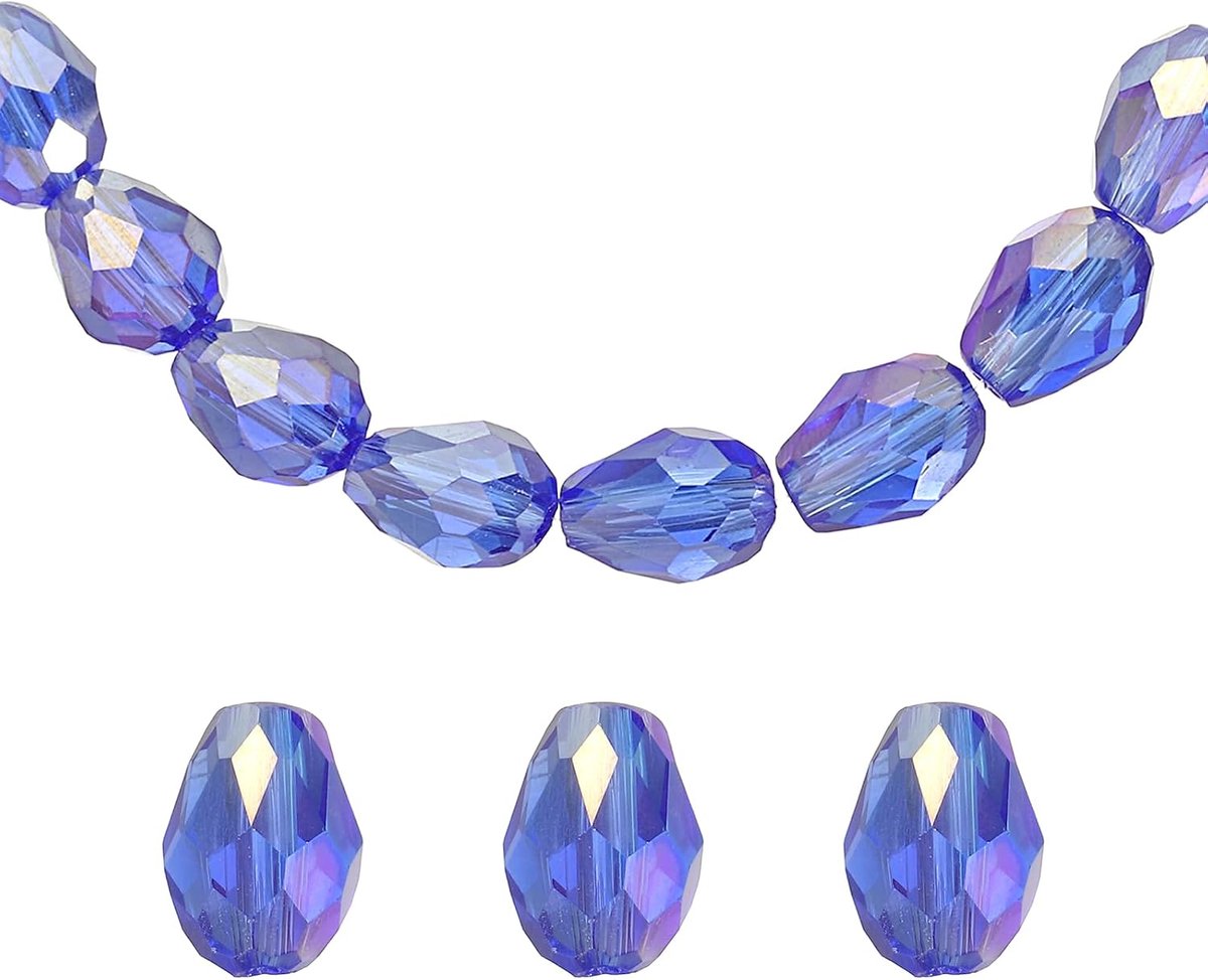Glasparels in druppelvorm, 100 stuks, 6 x 8 mm, verticaal gat, gefacetteerd glas, afstandskralen voor halskettingen, armbanden en sieraden, doe-het-zelf, blauw glanzend