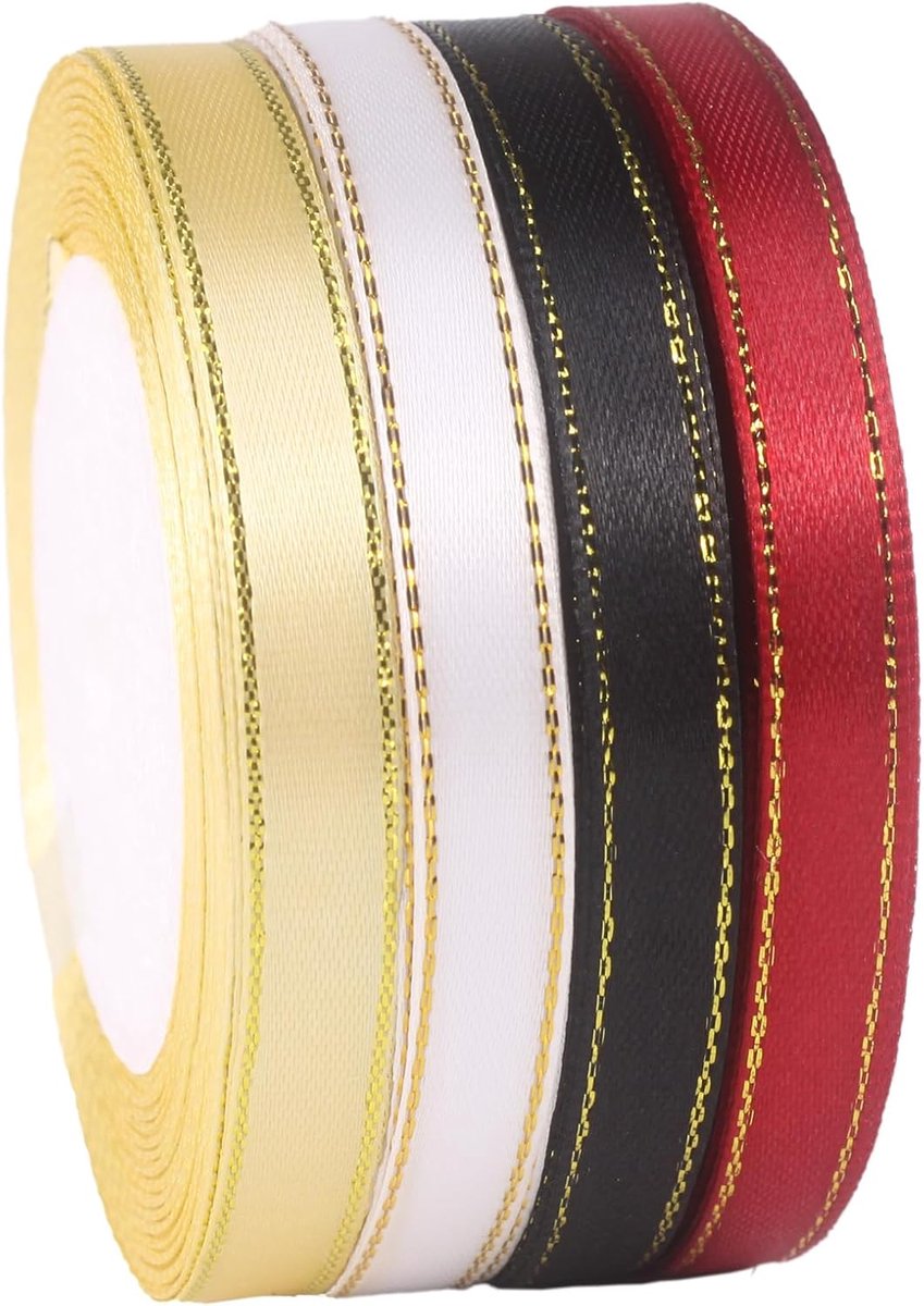 Linten met gouden randen, 1 cm decoratieve geschenklinten, 88 m stoffen linten voor geschenkverpakking, doe-het-zelf handwerk, bruiloft, douche, corsage, bijbeldecoratie, strikken