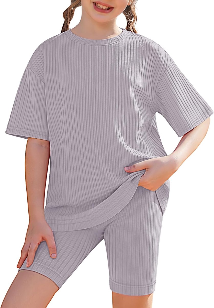 2-delige meisjeskledingset zomeroutfit T-shirt korte mouwen geribbelde shorts casual kleding stretch ademend voor kinderen 5-13 jaar