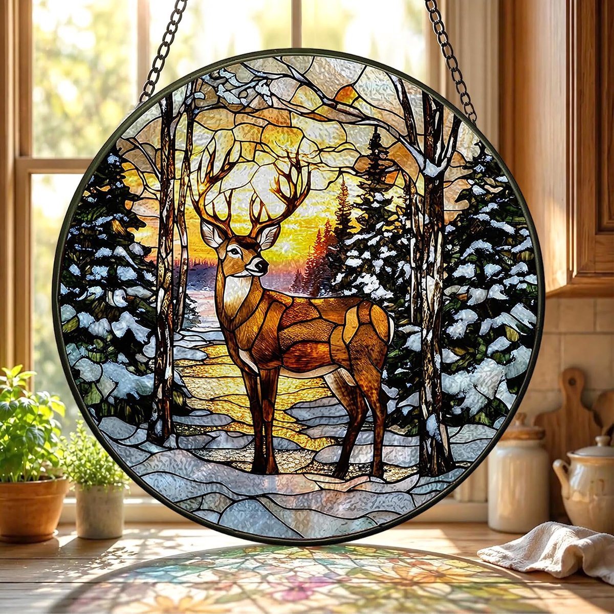 Hert Gekleurd Glas Hangend - Dier Hangende Raamdecoratie - voor Tuin, Raam en Deur, Verjaardag voor Vrouwen, Handgemaakte Suncatcher Decoratie 20x20 cm