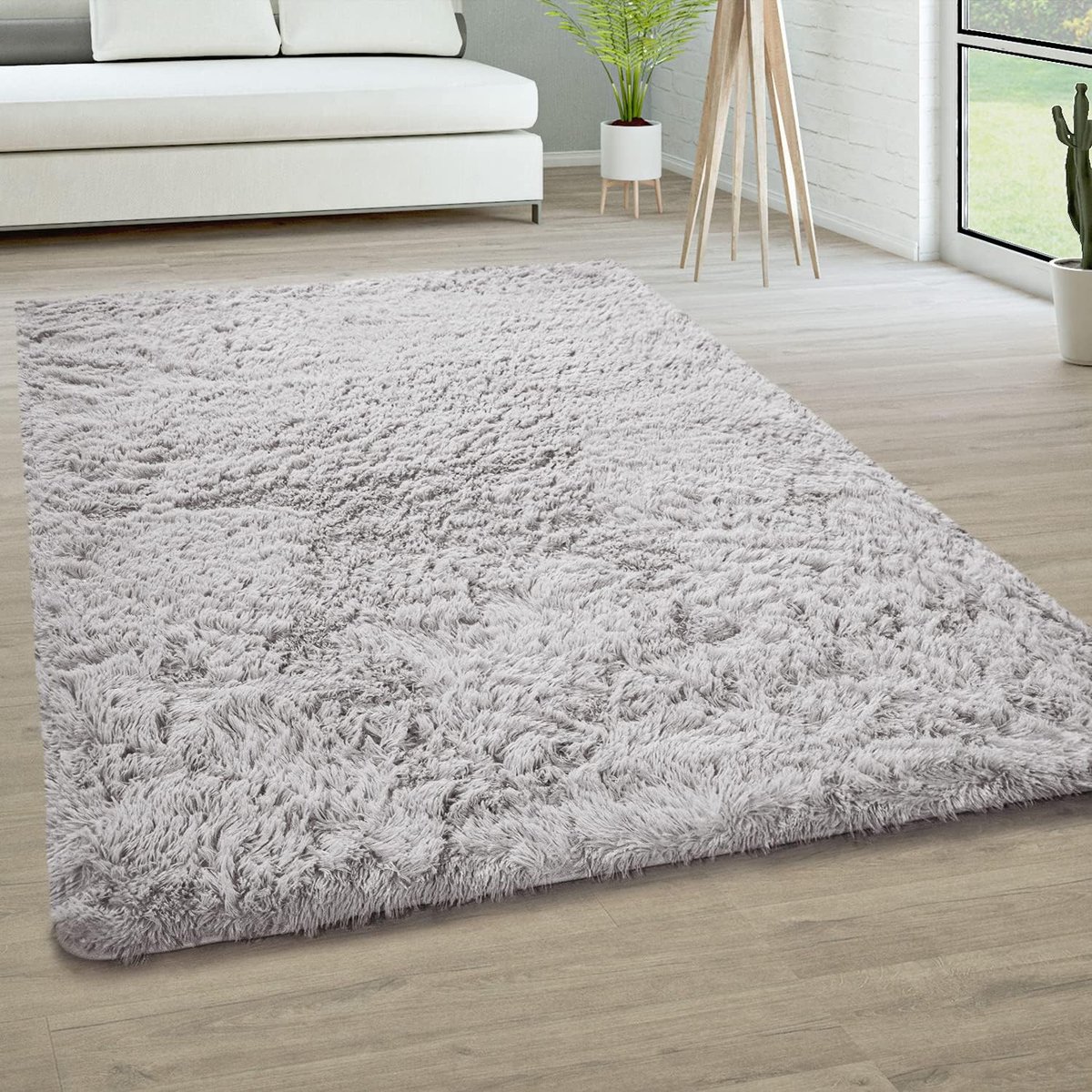 Home Tapijt Hoogpolig Vloerkleed Woonkamer Vacht Imitatiebont Shaggy Wollig Eenkleurig, Maat:Ø 160 cm rondje, Kleur:Zilver