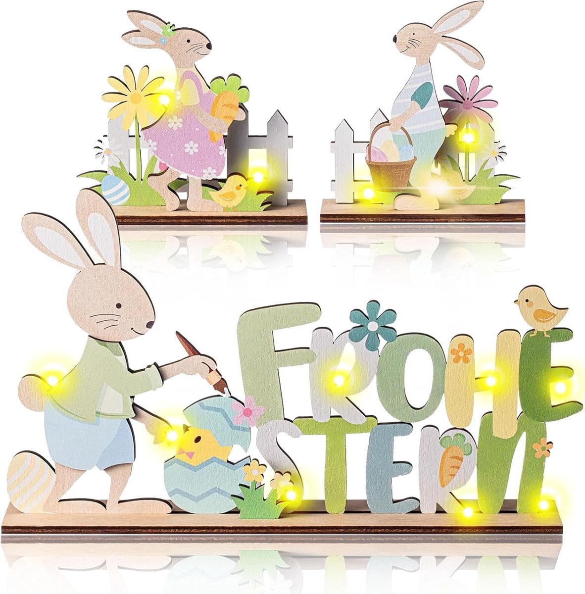 4 stuks Paasopschrift, paashaas, decoratieve staander voor Pasen, vrolijke paashaas, hout, decoratieve staander met opschrift Pasen voor paasdecoratie, tafeldecoratie, lente