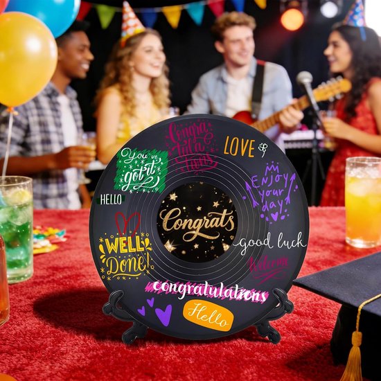 2 Stuks Vinyl Record Decor Gastenboek voor Feest, Retro Platen Aanmeldbord met Houder, 8 Stickers & 12 Pennen, Alternatief Gastenboek voor Verjaardag, Afstuderen, Bruiloft, Afscheid, DIY — afbeelding 4