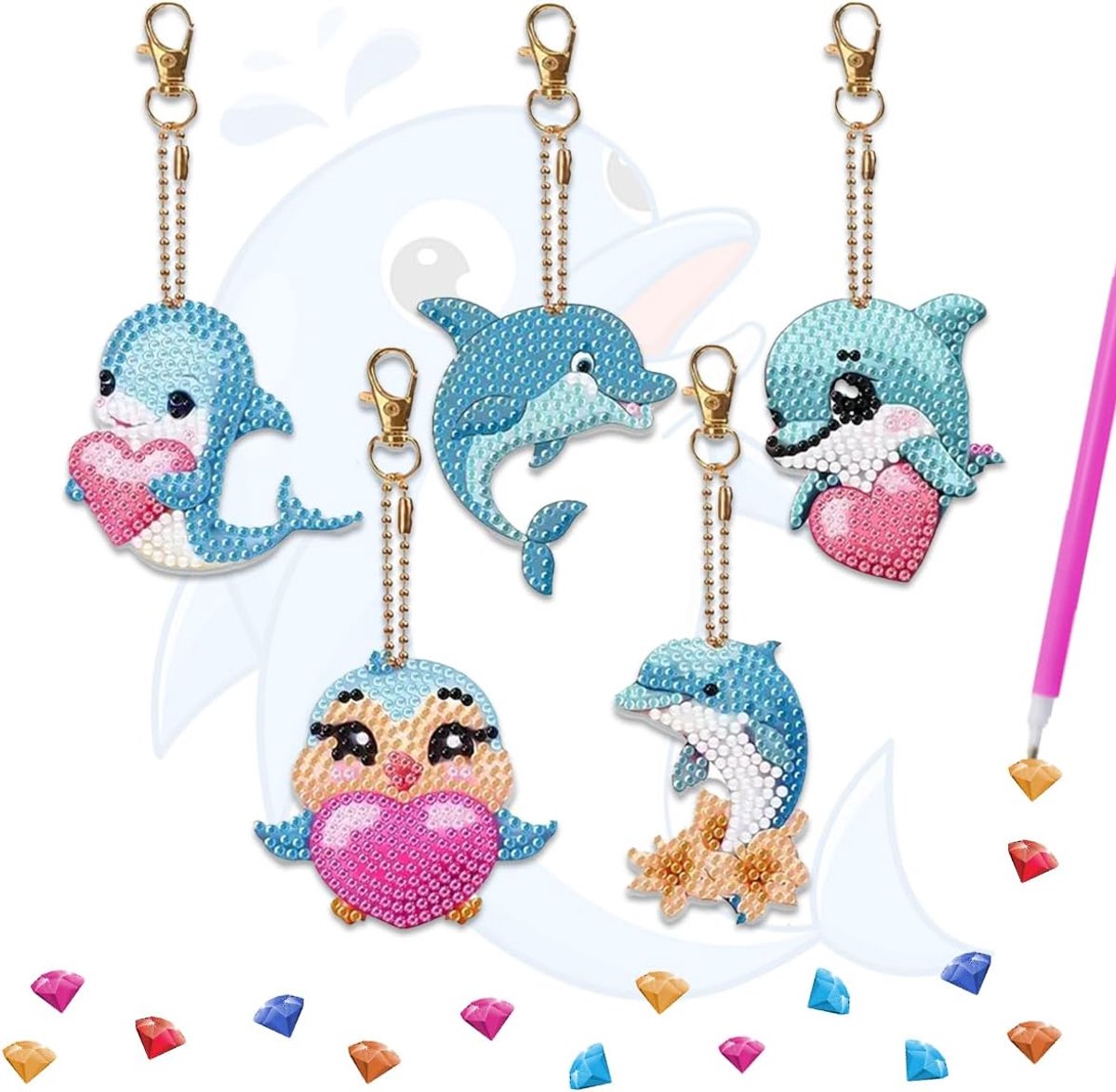 5D Diamond Painting Sleutelhangers - 5 Stuks DIY Dolfijn Hanger Voor Kinderen - Kleur: Wit | Doe-het-zelf dolfijn sleutelhanger, 5D diamant crystal art voor kinderen en volwassenen