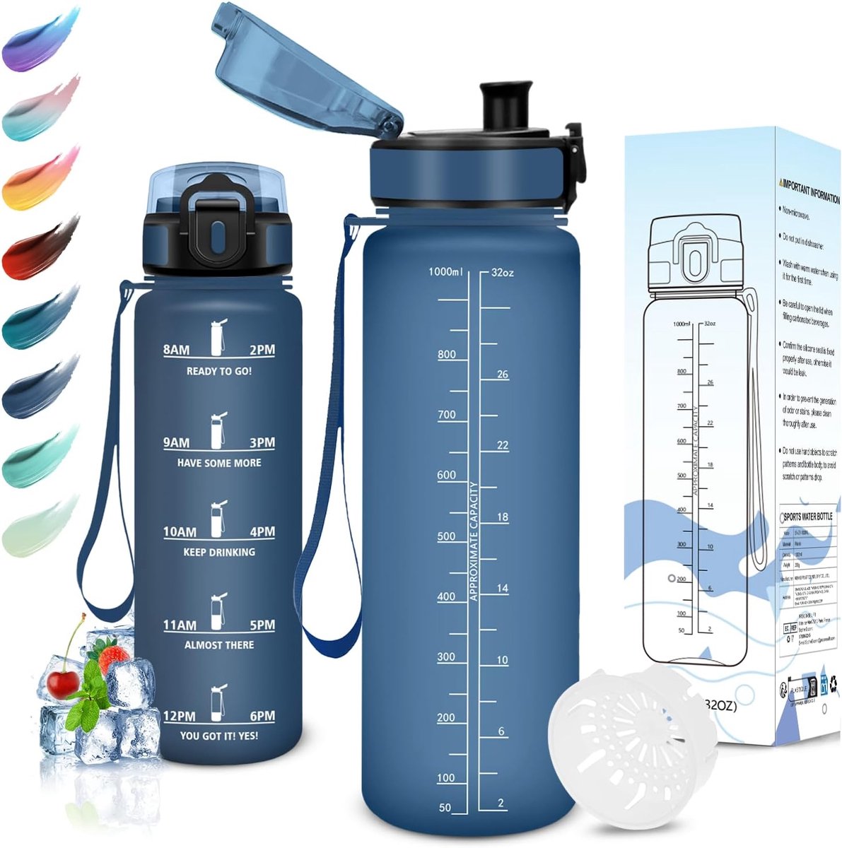 Drinkfles, 1 Liter, BPA-Vrij, Sportfles, Lekvrij, Motiverende Waterfles Met Filter, Sportfles, Waterfles Voor School, Fitnessstudio, Kantoor, hardlopen, Yoga, Gym, Donkerblauw