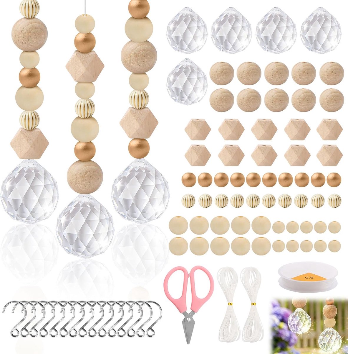 8 stuks transparante zonnevanger, kristal, bevat houten kralen en kristallen bol, 30 mm, doe-het-zelf raamdecoratie, hangende zonnevanger, zacht lichtspel, suncatcher voor ramen, huis, tuin