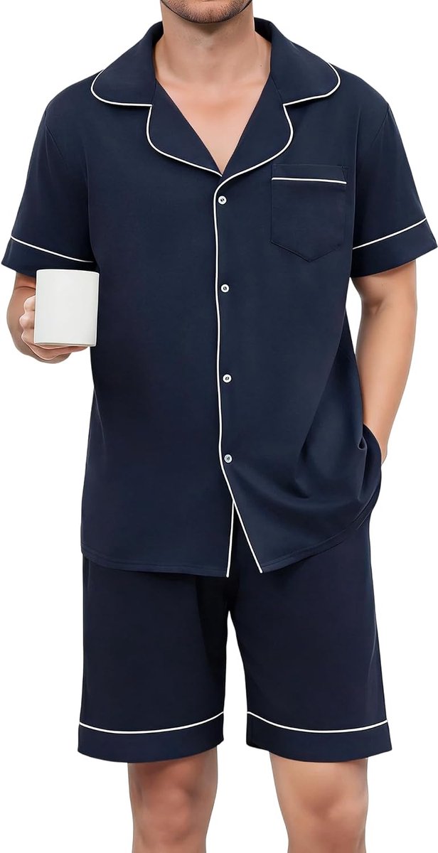 Pyjama heren katoen Korte pyjama voor heren, pyjamaset met V-hals, T-shirt en pyjamabroek, tweedelige set met knoopsluiting, loungewearset en zakken