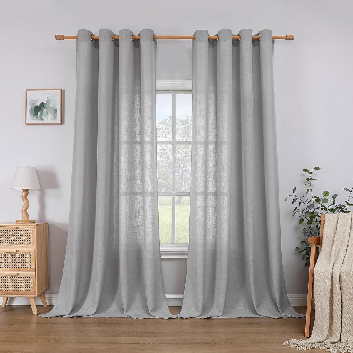 Linnen gordijnen met oogjes, half-transparant linnen gordijn, voile raamgordijn, decoratief slaapkamer decoratie gordijn, kinderkamer woonkamer, H 225 x B 140 cm, set van 2, lichtgrijs