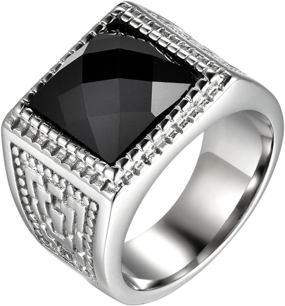 Sieraad zegelring heren ring roestvrij staal glas steen vintage vierkante Viking ringen bandring met gravure, zilver zwart, maat 57 tot 70