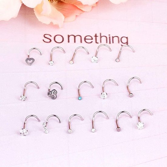 Roestvrijstalen piercingset, 16 stuks, neusring, lippenring, stekerset, lichaamspiercing, L-vorm, C-vorm, rechte vorm, Roestvrij staal, Zirkonia — afbeelding 3