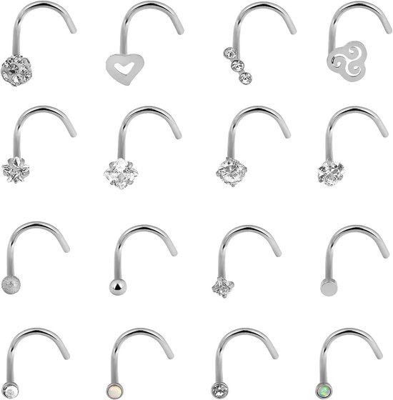 Roestvrijstalen piercingset, 16 stuks, neusring, lippenring, stekerset, lichaamspiercing, L-vorm, C-vorm, rechte vorm, Roestvrij staal, Zirkonia — afbeelding 2