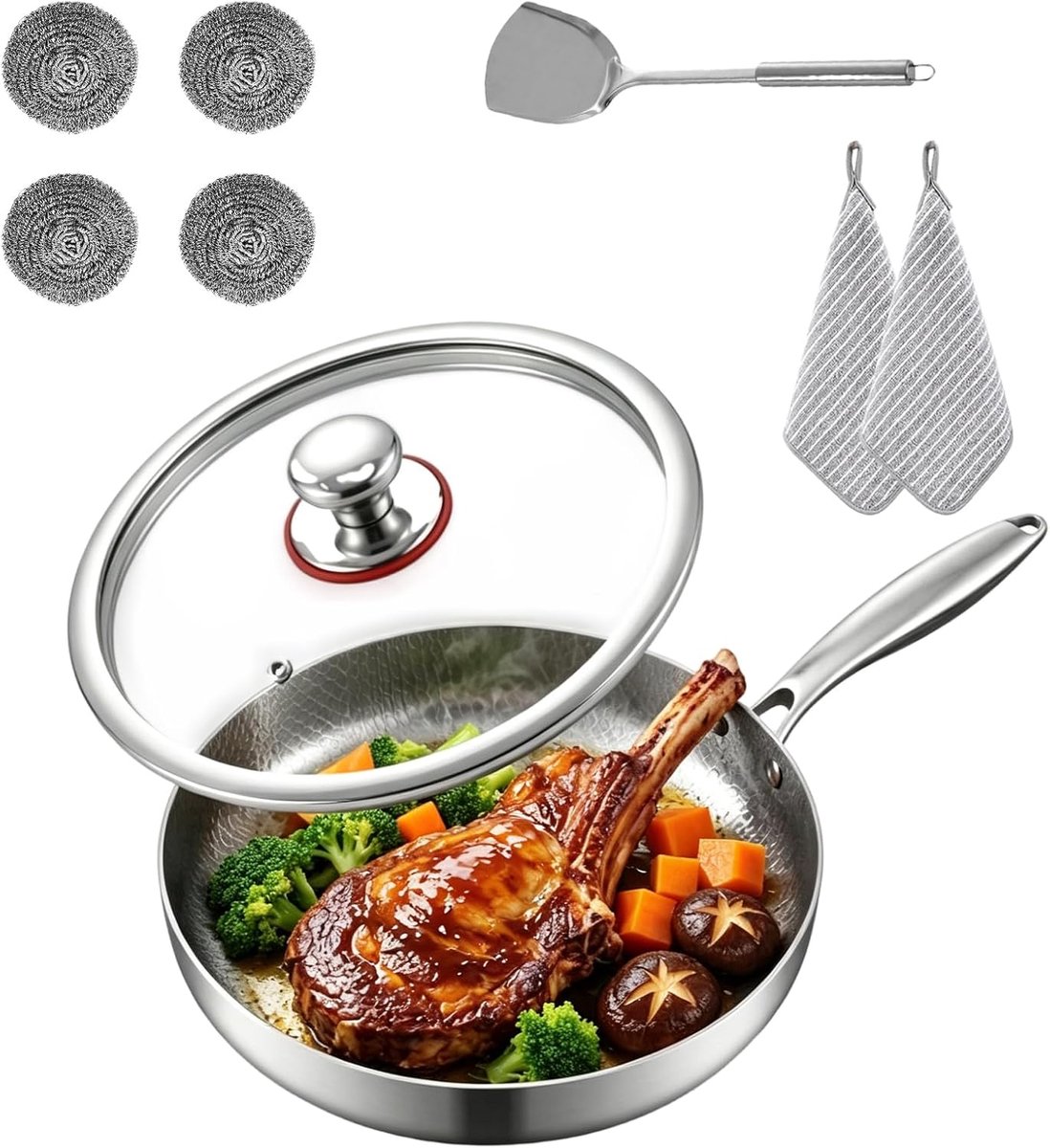 pan, titanium gehamerde pan, krasbestendig/anti-aanbaklaag (24CM) | Multifunctionele potten en pannenset met deksel, titanium pan ongecoat voor alle kookplaten, voor de keuken koken