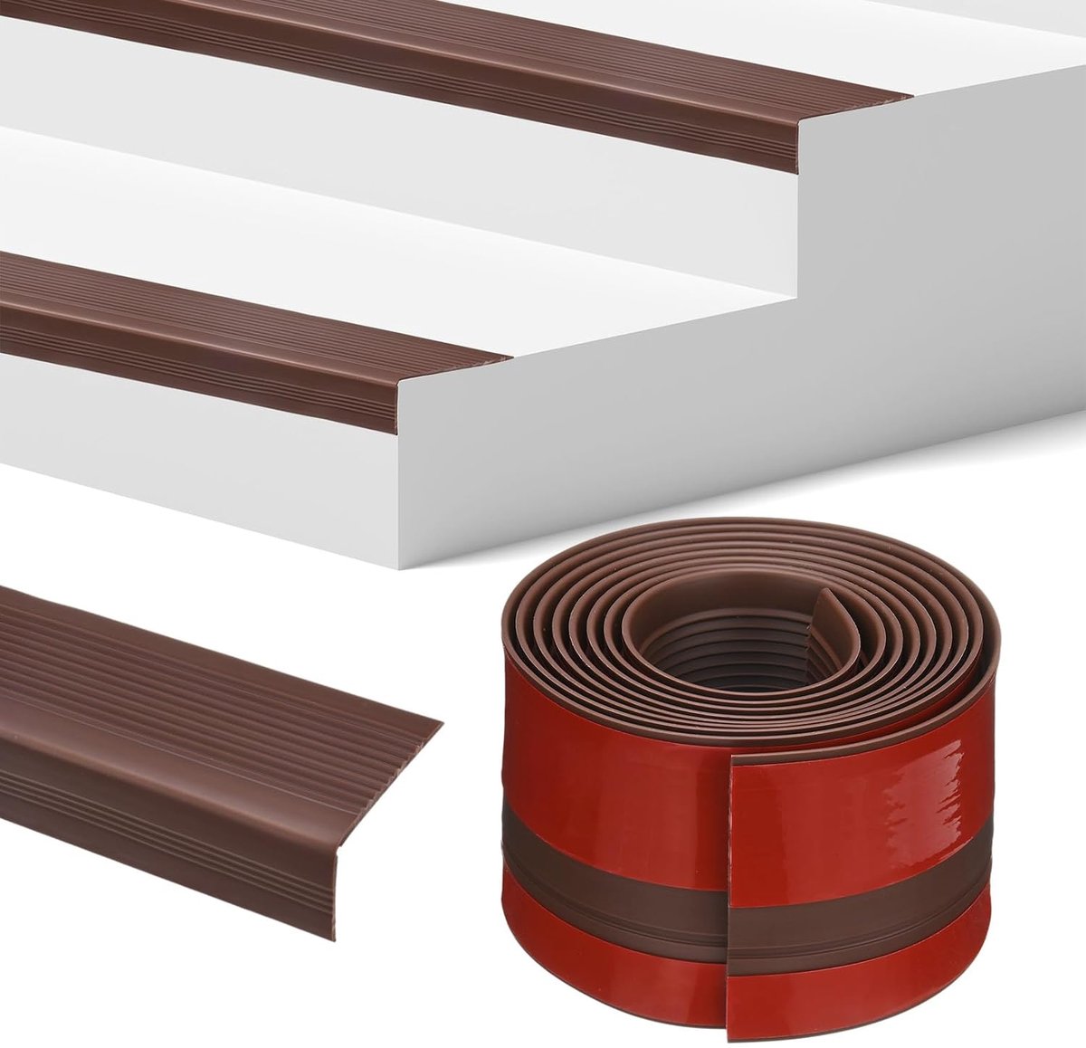 METERXITY Trap Edge Trim 7FT Vinyl Rubber Trap Nosing Non-Slip Zelfklevende Stair Edge Trim Strips Staircase Step Edge Protector voor Indoor/Outdoor Trappen [Bruin, 0,98 inch]