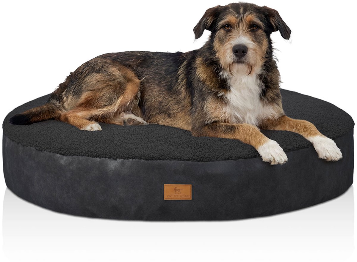 Knuffelwuff rond hondenbed Bolster van knuffelzachte teddystof met zijwanden in suède-look Ø120cm Donkergrijs