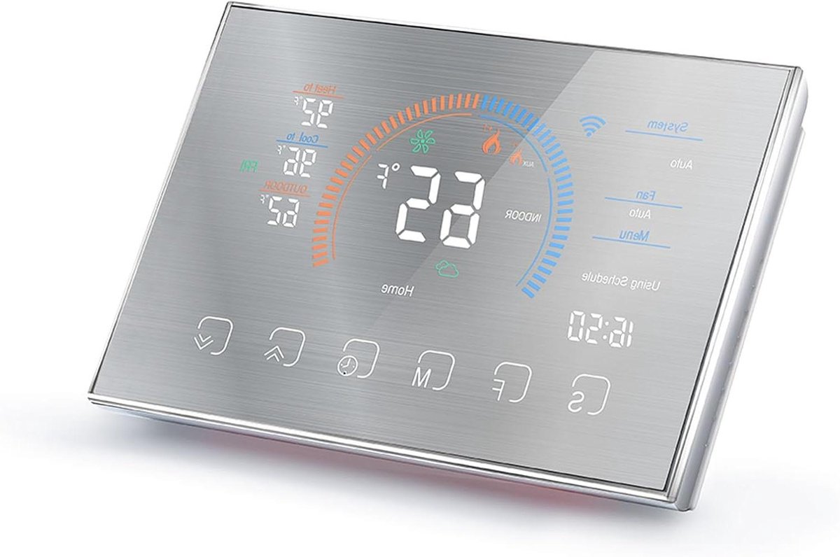 Slimme Thermostaat - Digitale Regelaar - Energie Besparen - APP en Spraakbediening - LCD Touchscreen - Geborsteld Zilver