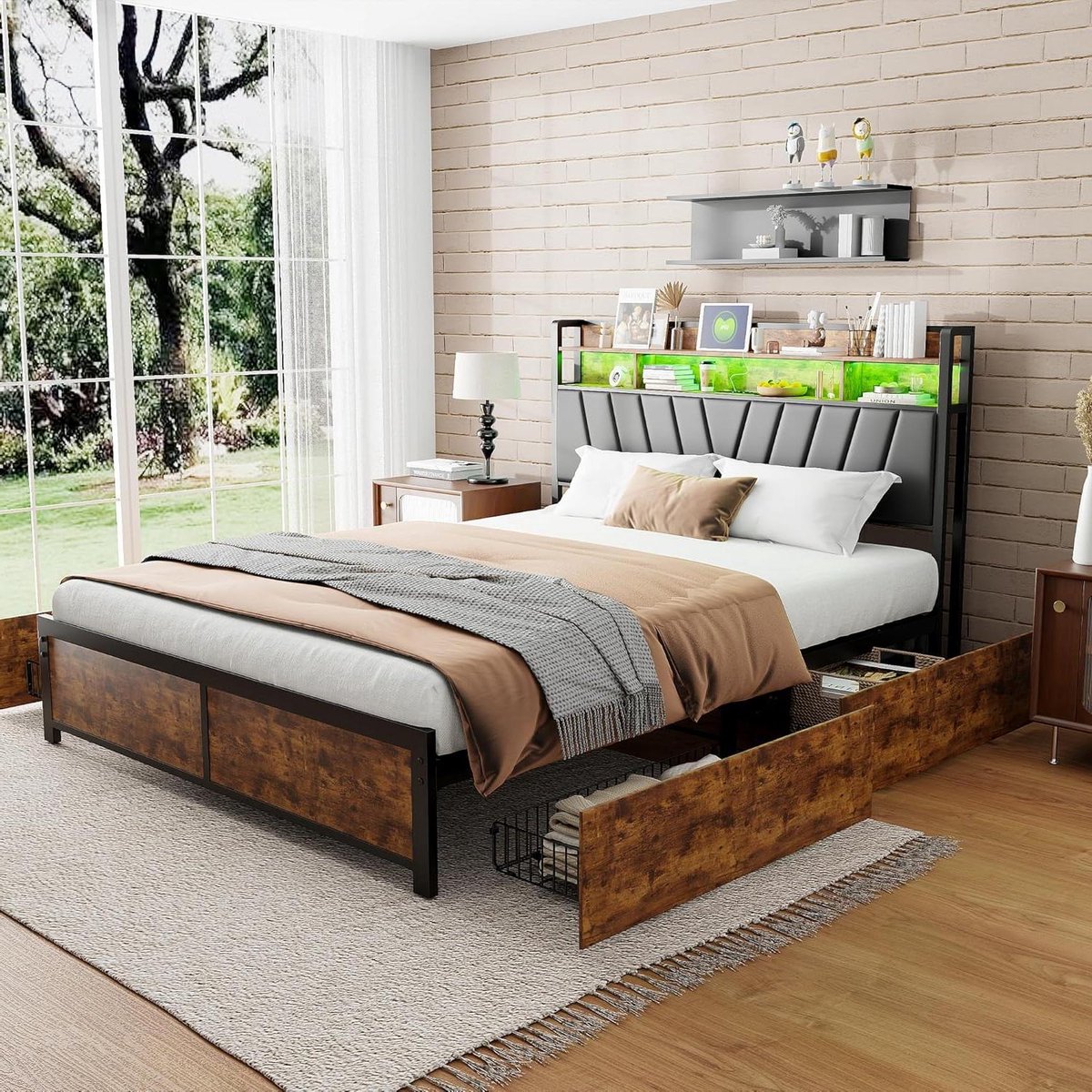 Metalen Bed - Tweepersoonsbed Opbergruimte - Ruimte Besparen - Geïntegreerde LED-verlichting - 180x200 cm - Zwart
