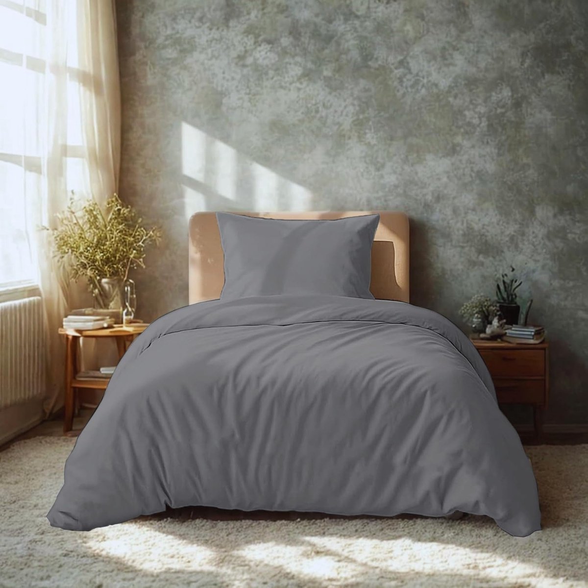 SnelShoppen - Premium Bedlinnen 135 x 200 cm met 1 Kussenhoes 80 x 80 cm - Grijze Microvezel - Zacht en Ademend - Ideaal voor Thuis, Logeren of Campin