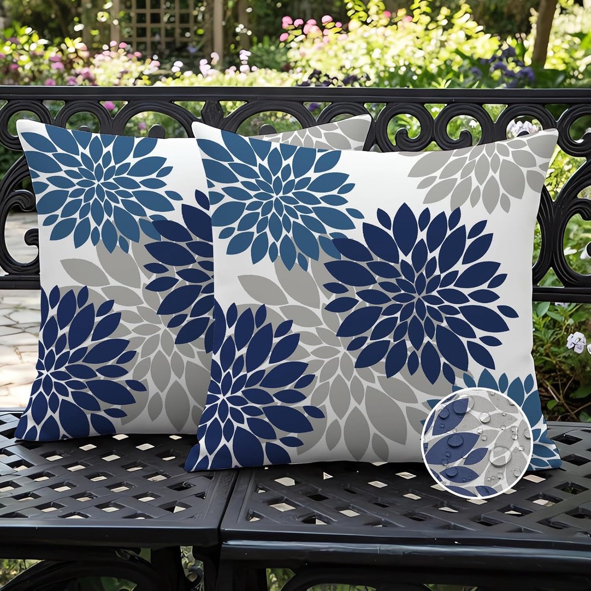 SnelShoppen - Set van 2 Weerbestendige Kussenhoezen 40x40 cm, Blauw Dahlia, Dubbelzijdig, Modern Decoratief voor Buiten, Tuin, Terras, Woonkamer, Wate