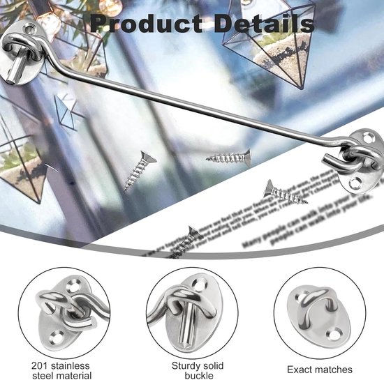 SnelShoppen - 3 Pack Storm Hooks met Oog, 20 Inch RVS Cabin Hooks, 201 RVS Deursluiting Zilver voor Deuren, Vensters, Kasten en Huisdieren van Snelshoppen — afbeelding 3