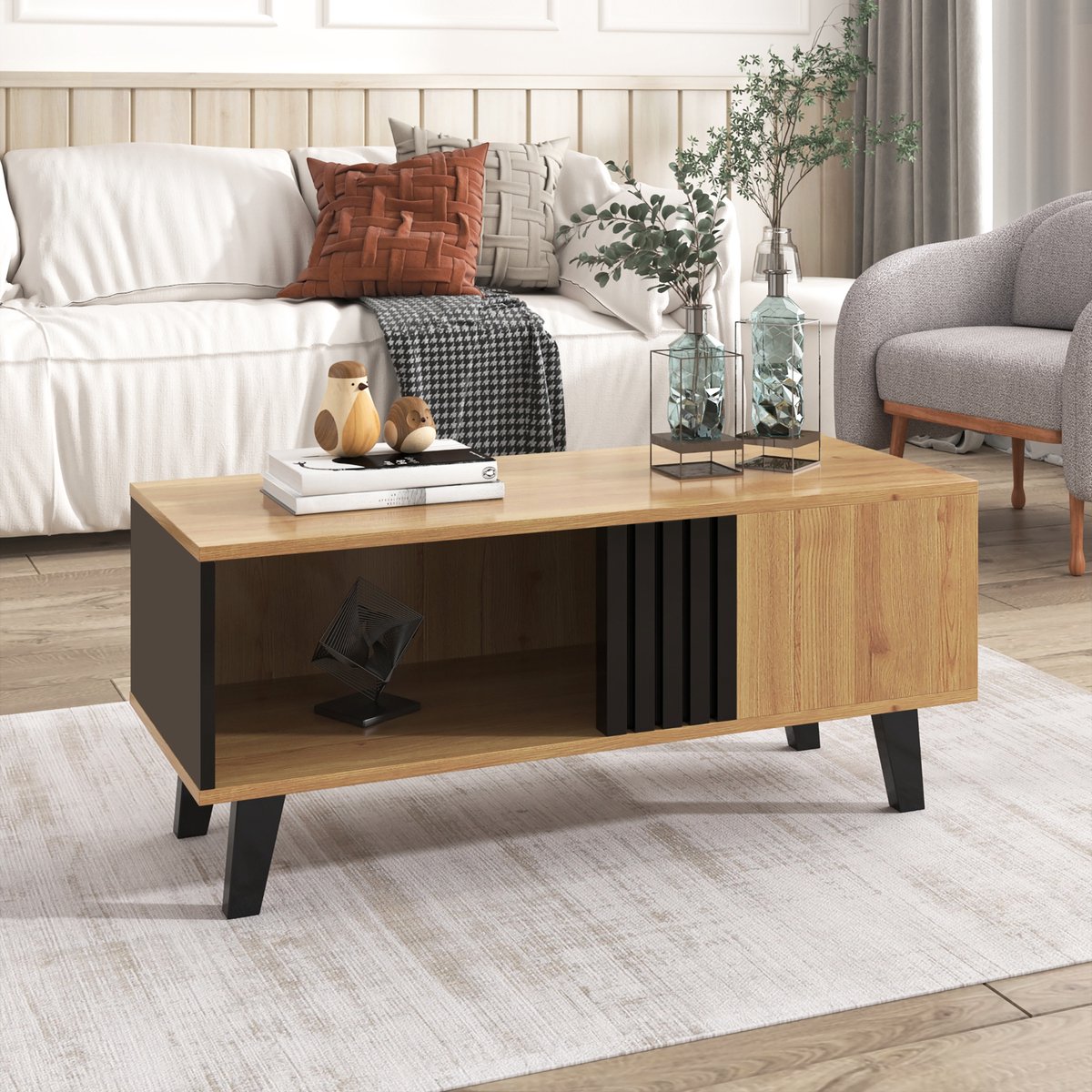 COVREO Salontafel 100 x 60 x 45 cm - zwart en hout, met opbergruimte
