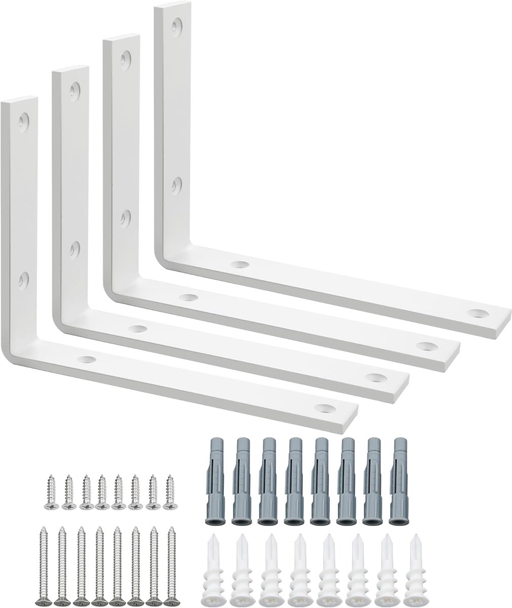 SnelShoppen - Floating Shelf Carrier, 90 Graden Plankbeugel, Metalen L Hoekbeugels voor Wandmontage, Boekenplank Beugels, 200mm x 150mm, Wit, 4 Stuks