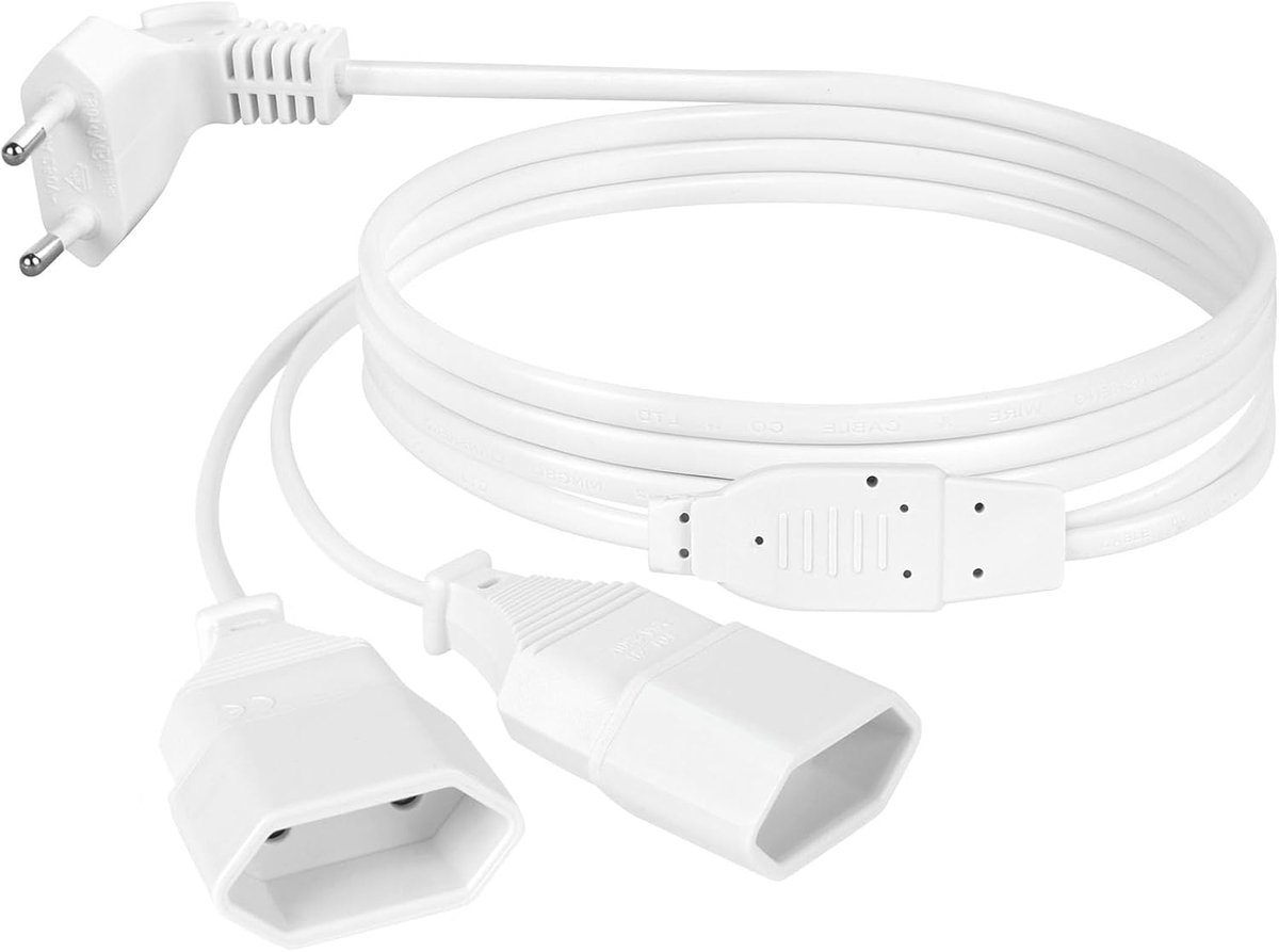 SnelShoppen - 2m Verlengsnoer, 250V Euro Plug naar 2 Uitgangen, Stroomkabel voor TV, PC, Monitor, Projector, Huishoudapparaten, Wit