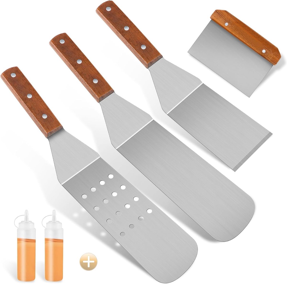 SnelShoppen - 4-delige Grill Spatel Set RVS met Houten Handvatten, Inclusief 2 Squeeze Flessen, Voor Teppanyaki, Plancha en BBQ, Perfect voor Tuin en