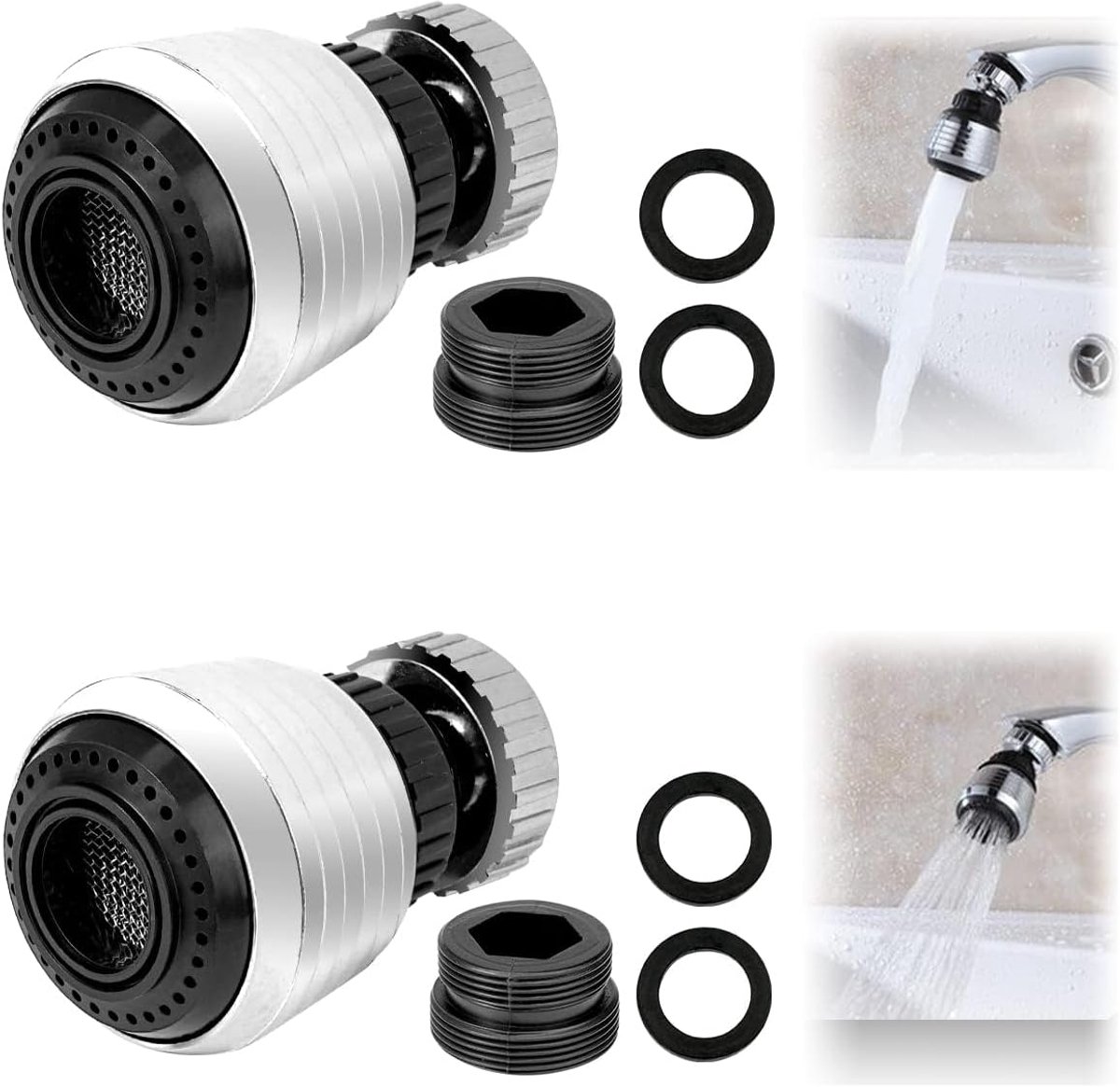 SnelShoppen - 2 stuks draaibare aerator M22 M24, tap aerator, waterbesparende kraanaccessoire, strainer voor keuken, badkamer, roestvrij staal, ABS pl