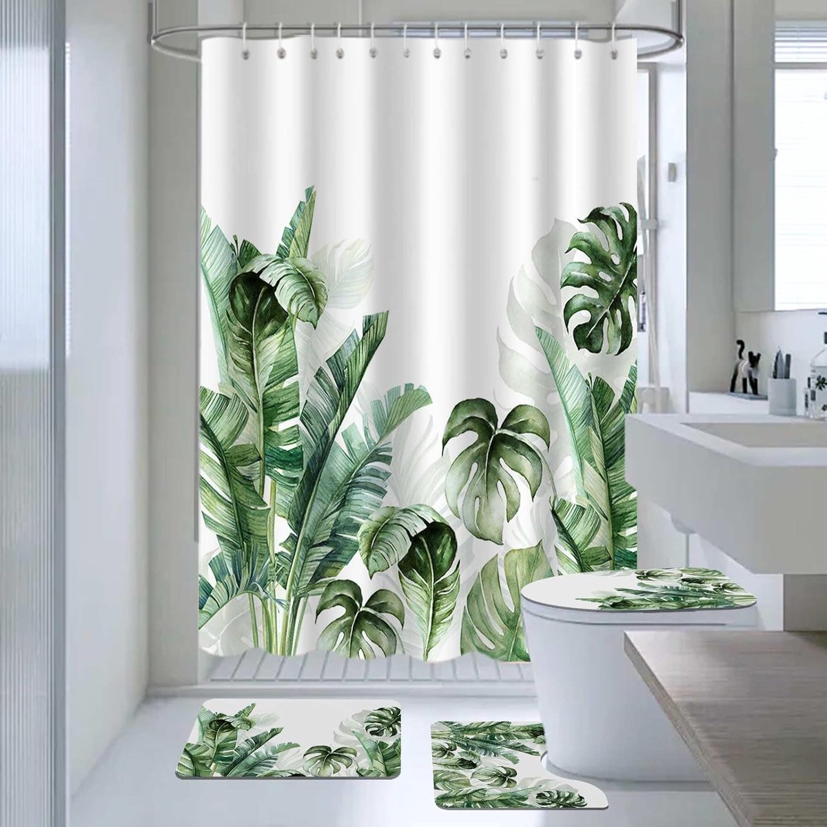 SnelShoppen - Tropische Palmblad Douchegordijn Set 4-delig met Antislip Vloerkleden, Toiletzitting en Badmat voor Badkamer Decoratie - Modern en Kleur